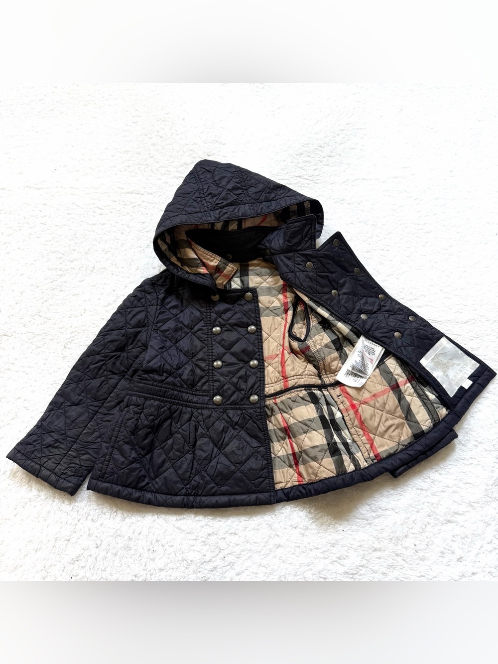 Burberry quilted Jacket hooded nova check Navy black kids size 3 Girls Toddler